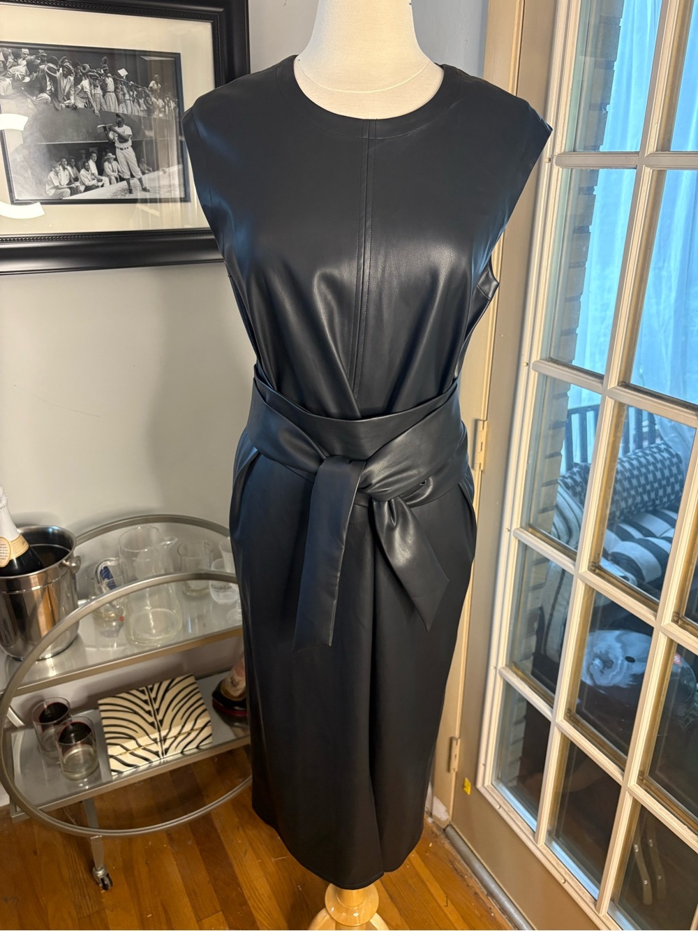 Modern Citizen Black Faux-Leather Tie-Waist Midi Dress